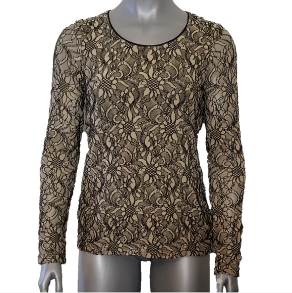 Chicos Beige Black Floral Net Lace Overlay Blouse - Picture 2 of 8